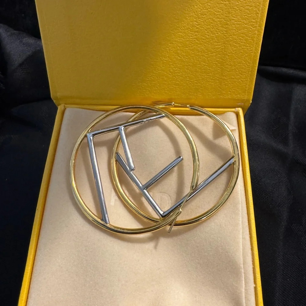 Fendi FF Gold and Silver Hoop Earrings - Picture 2 of 7